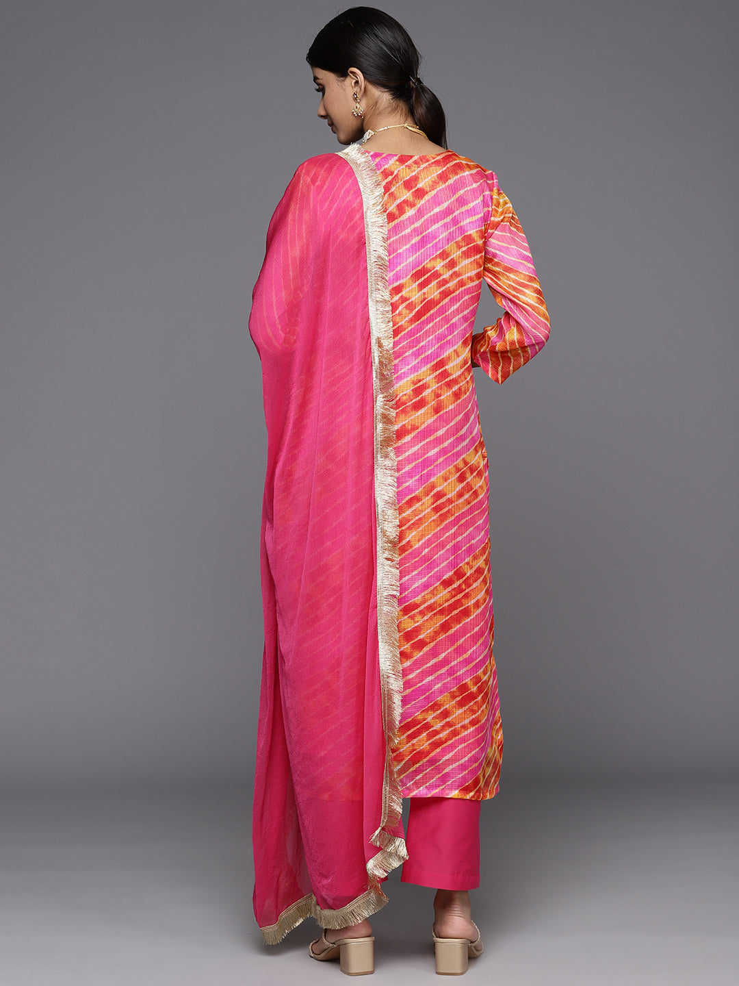 Varanga Women Pink And Yellow Lehariya, Gota Embroidered Yoke Straight Kurta Paired With Tonal Bottom And Tonal Dupatta - Distacart