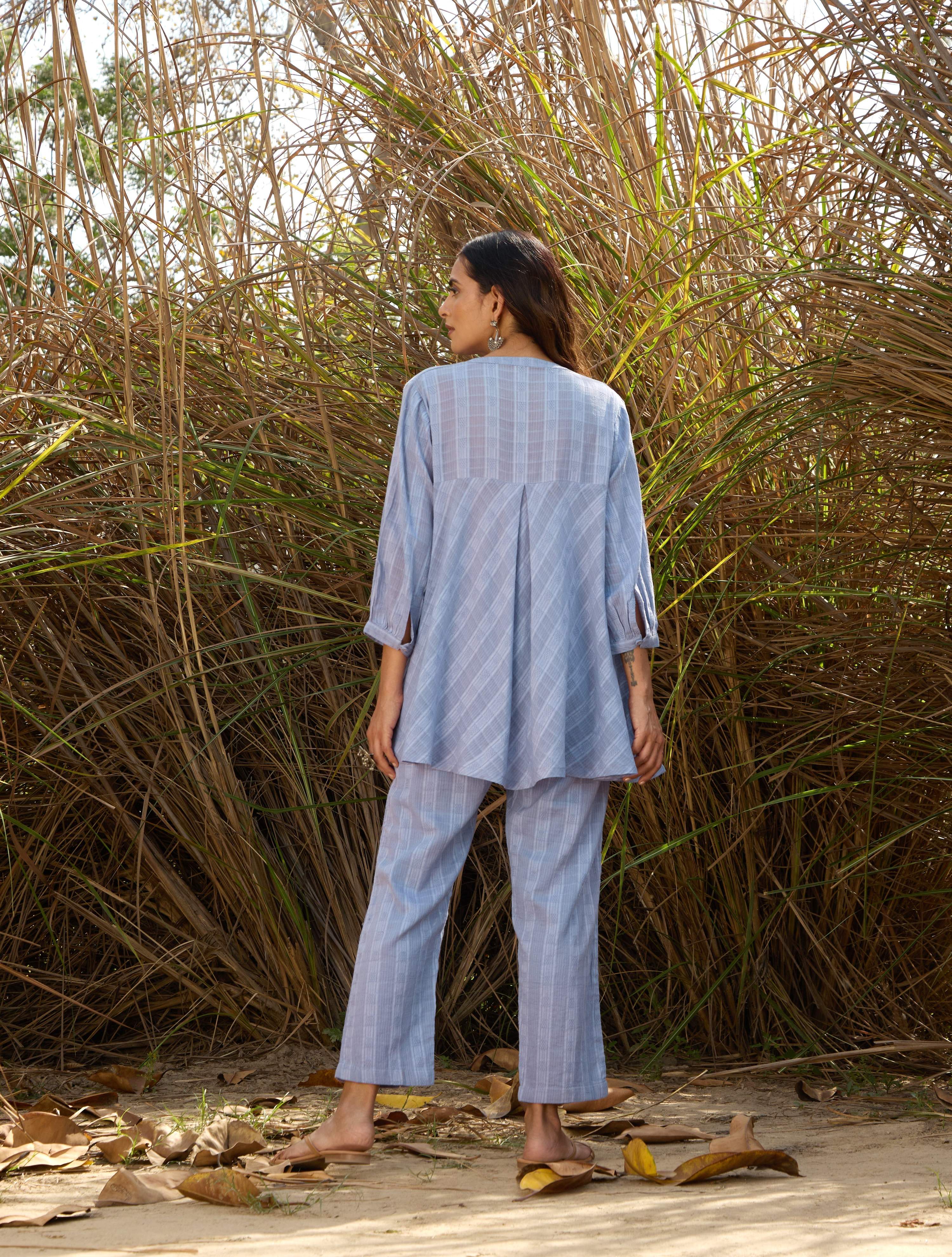 trueBrowns Light Blue Cotton Dobby Flared Co-ord Set
