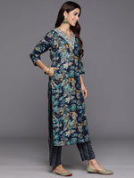 Thumbnail for Varanga Women Blue Floral Print And Embroidered Kurta With Bottom And Dupatta - Distacart