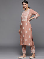 Thumbnail for Varanga Women Mauve Embroidered Kurta Paired With Tonal Trouser And Dupatta