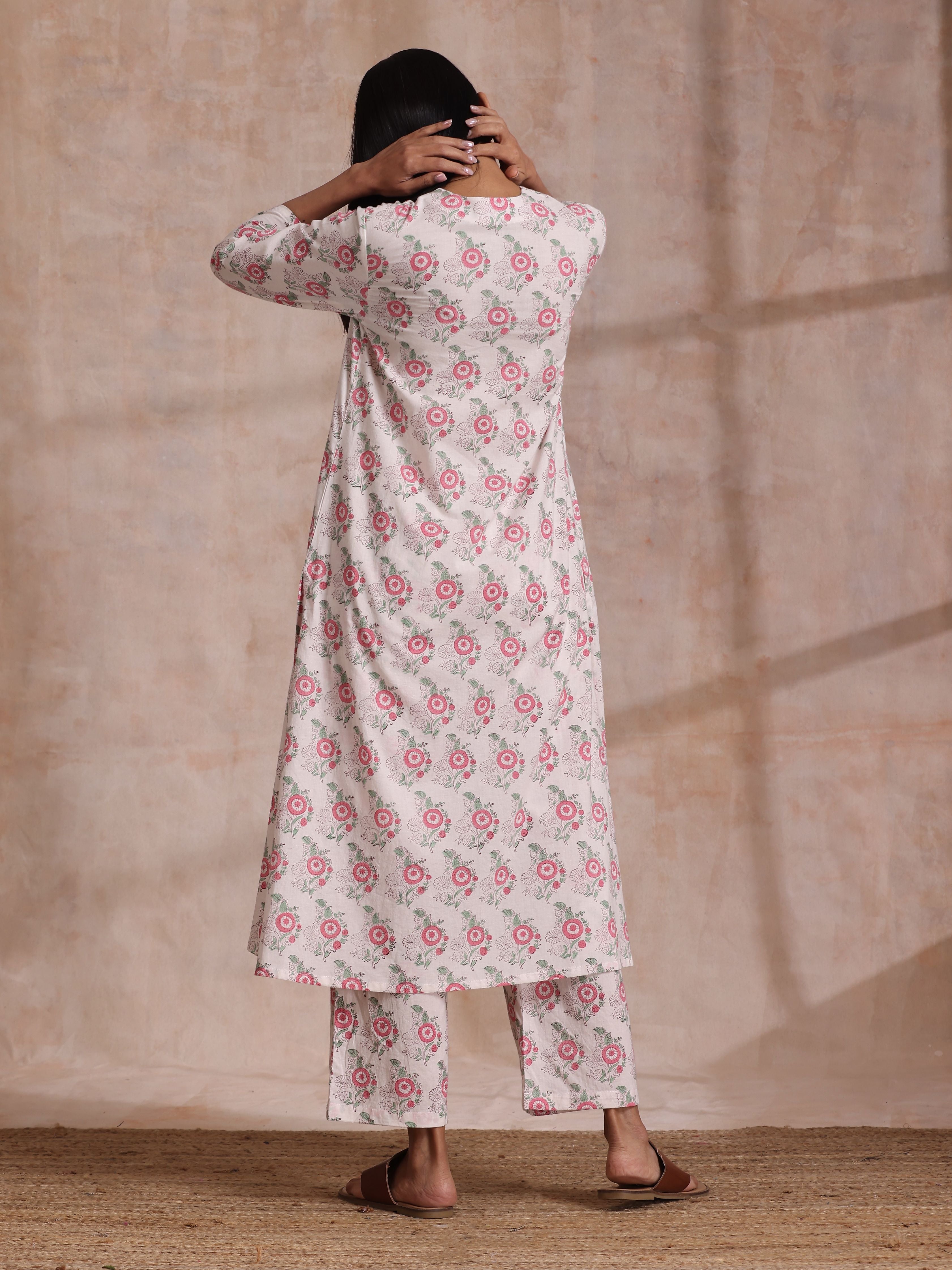 trueBrowns Pink Green Buta On White Block Print Cotton Slit Kurta Pant Set - Distacart