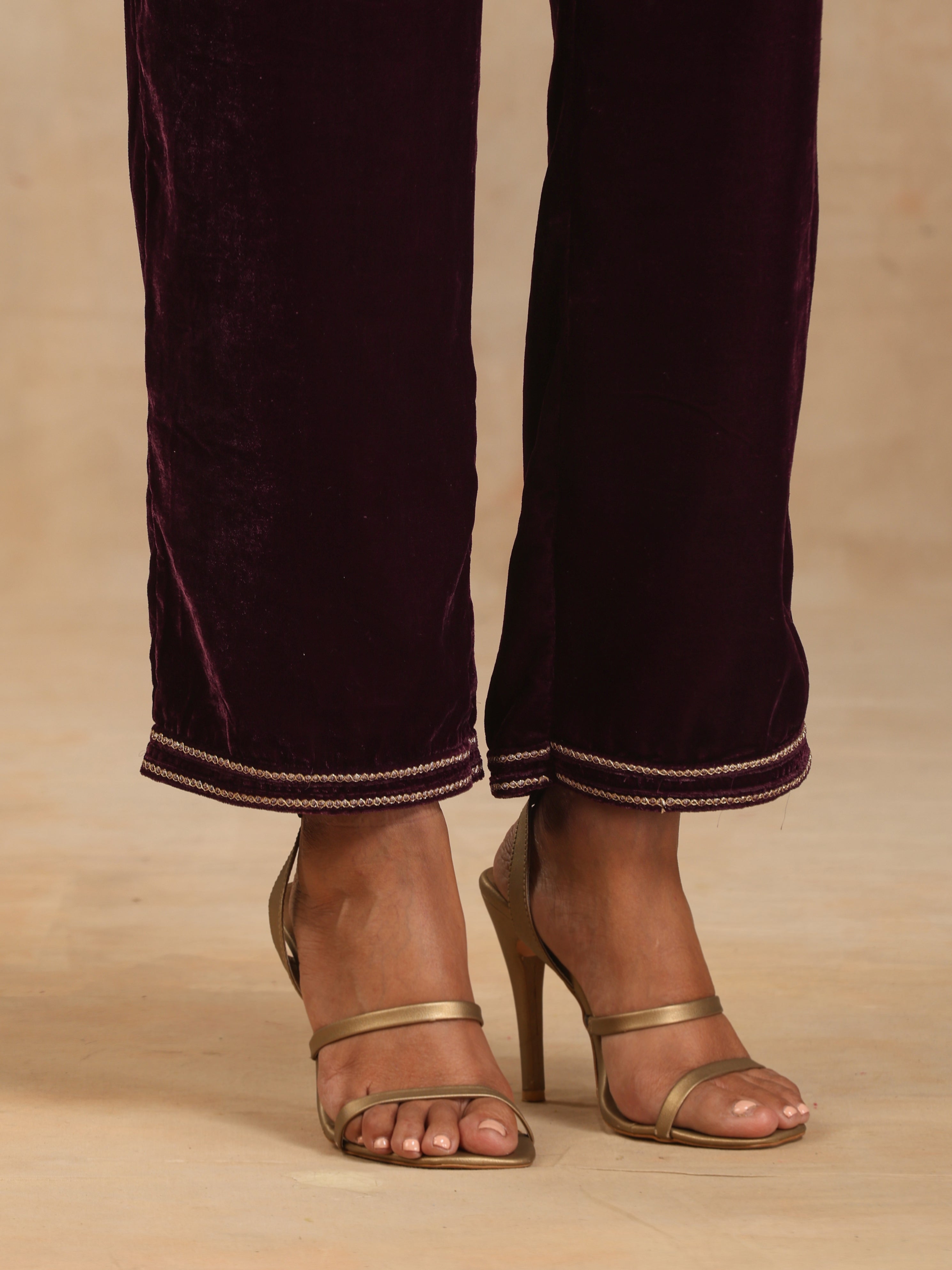 trueBrowns Wine Velvet Embroidered Co-ord Set - Distacart