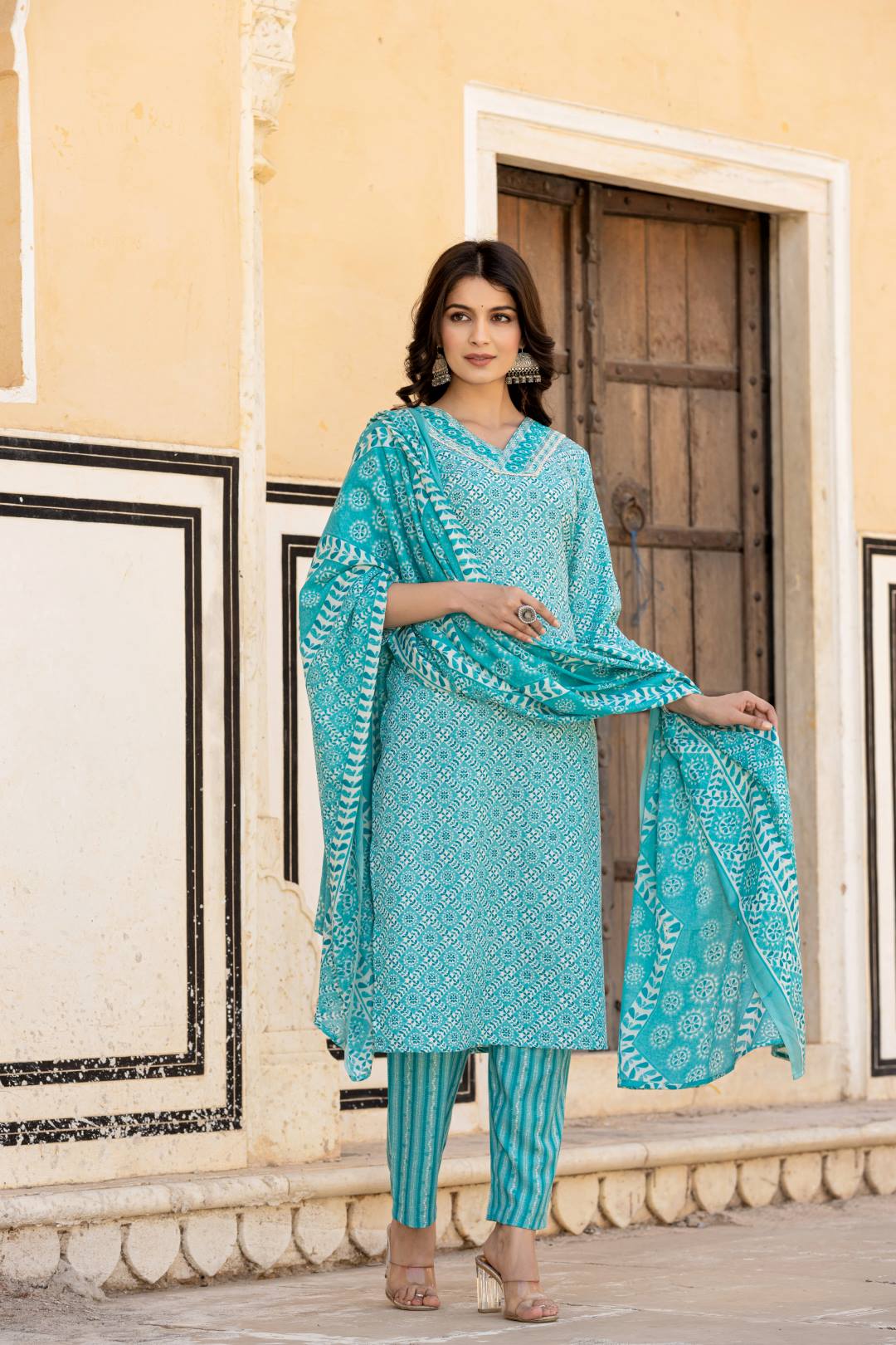 Varanga Women Blue V Neck Thread Embroidered Kurta Paired With Printed Bottom And Dupatta - Distacart