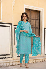 Thumbnail for Varanga Women Blue V Neck Thread Embroidered Kurta Paired With Printed Bottom And Dupatta - Distacart