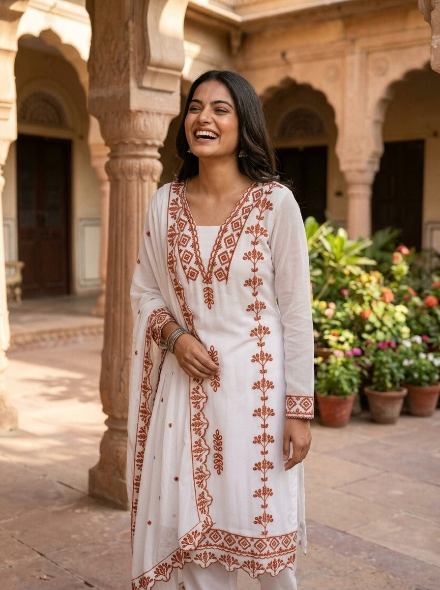 Anaita Brown&White Georgette Readymade Suit with Thread Embroidery Work - Dista