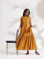 Thumbnail for trueBrowns Mustard Cotton Print Tier Dress
