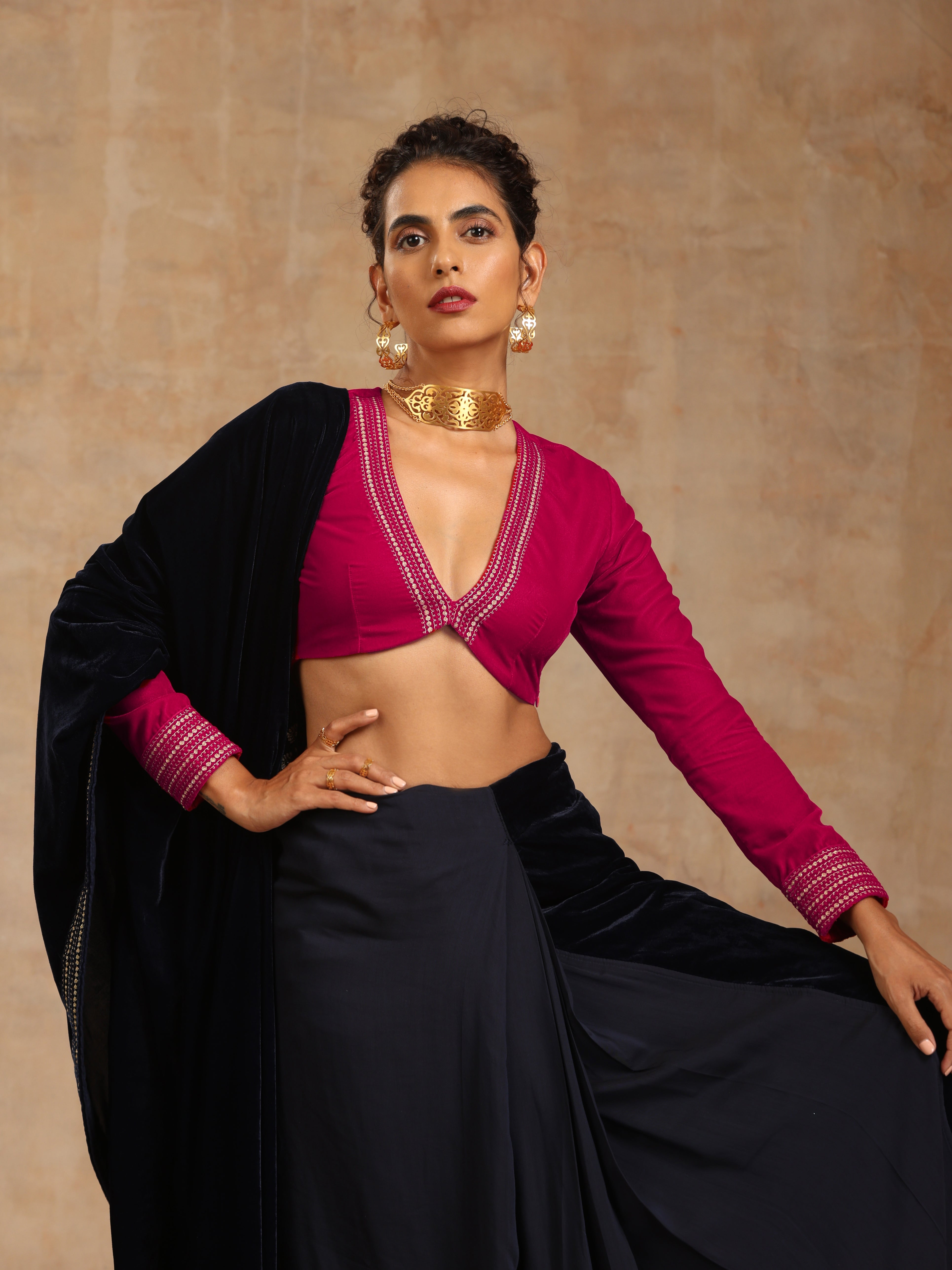 trueBrowns Rani Pink Velvet Embroidered Blouse - Distacart
