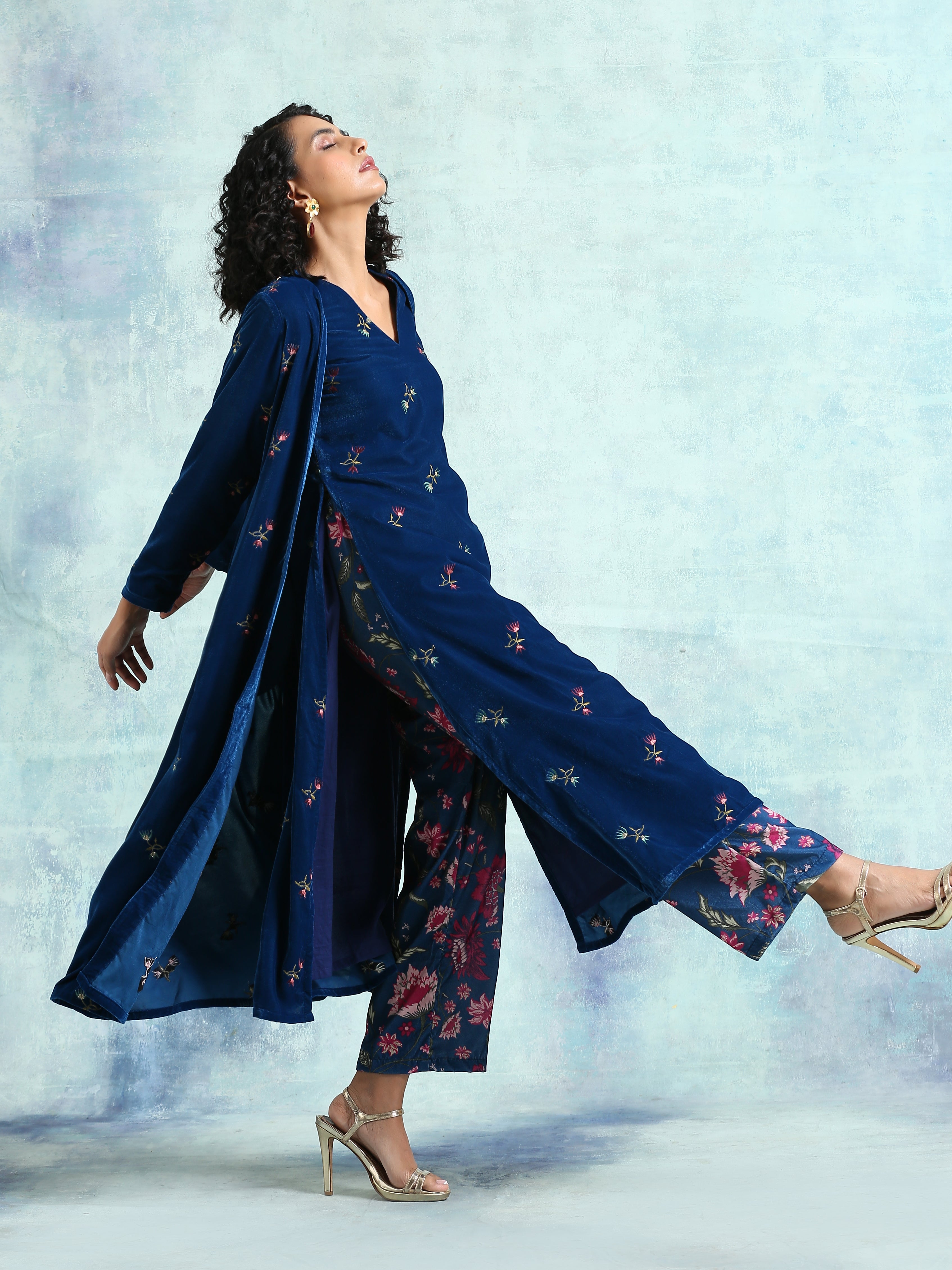 trueBrowns Blue Embroidered Velvet Overlay Jacket - Distacart