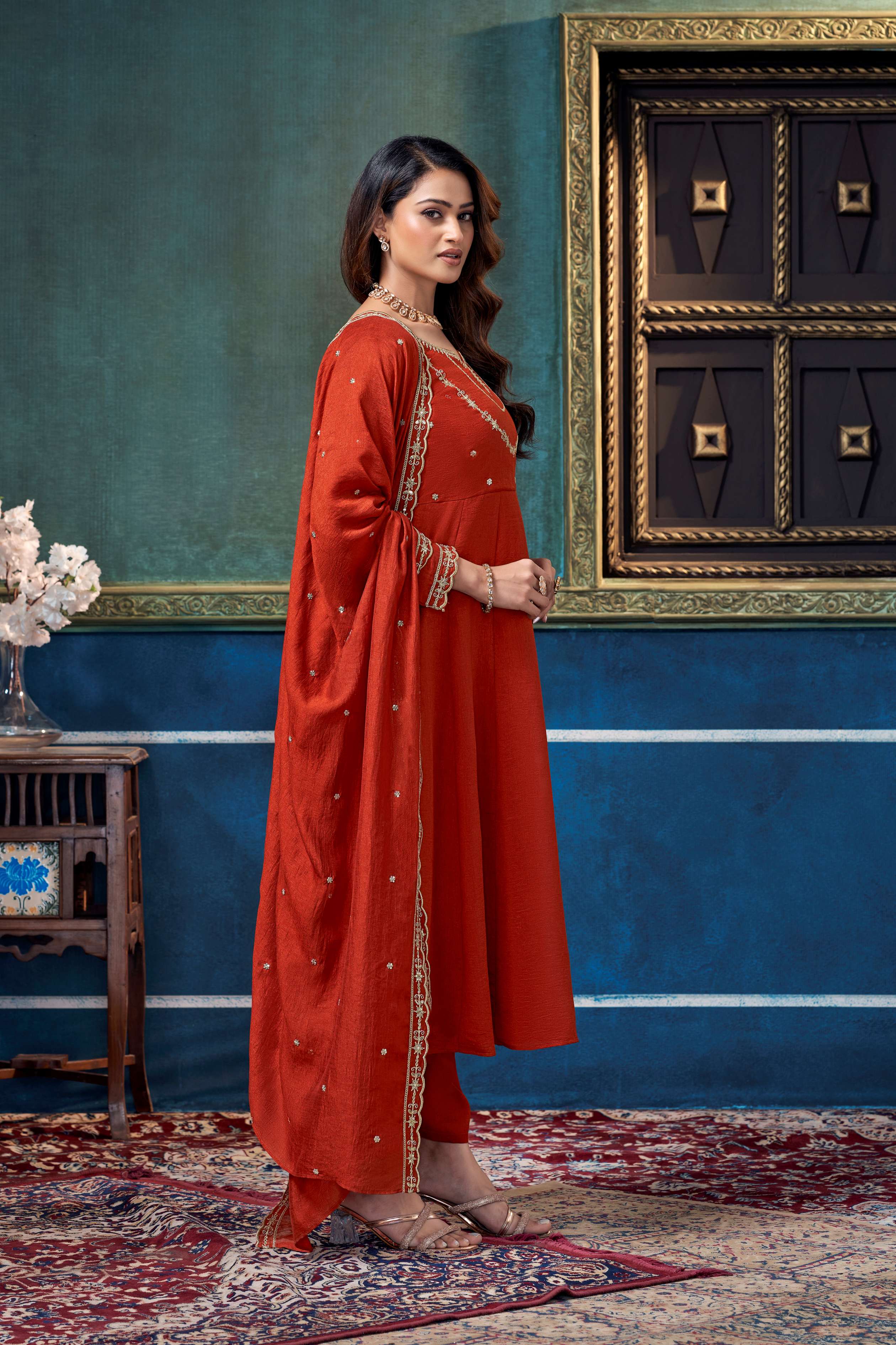 Anaita Rust Anarkali Readymade Suit with Embroidery Work - Dista