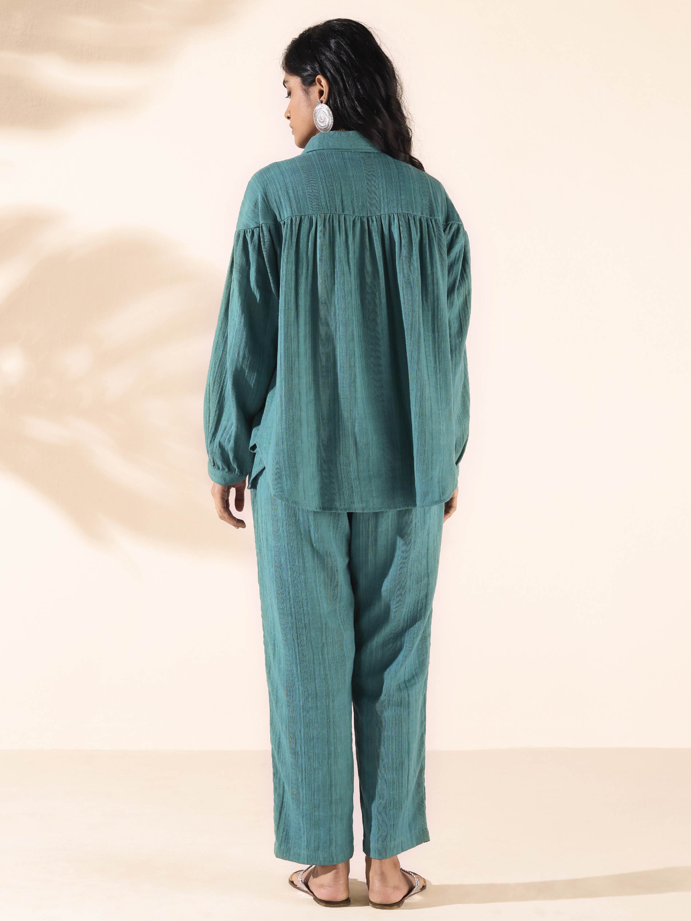 trueBrowns Turquoise Cotton Dobby Shirt Co-ord Set - Distacart