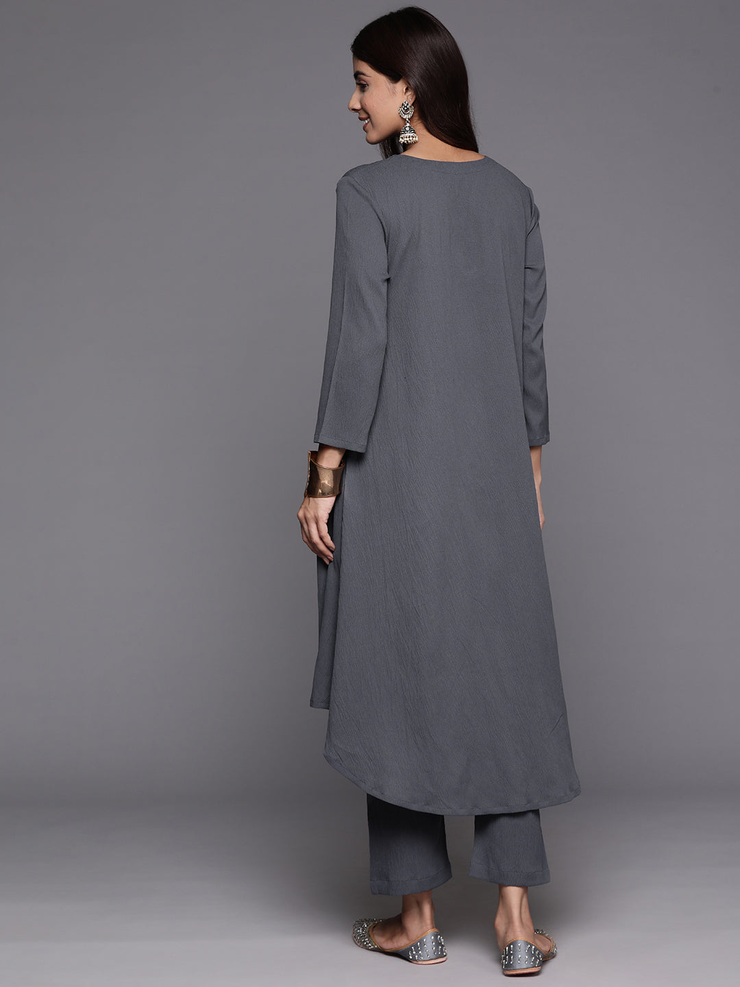 Varanga Women Grey Empire Gathered Details A-Line Kurta Paired With Tonal Bottom - Distacart