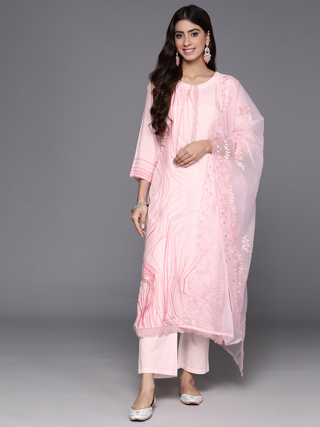 Varanga Women Pink Abstract Straight Kurta Paired With Tonal Bottom And Organza Embroidered Dupatta - Distacart