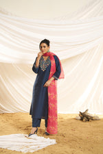 Thumbnail for BulBul Women Navy Embellished Premium Silk Straight Suit With Dupatta