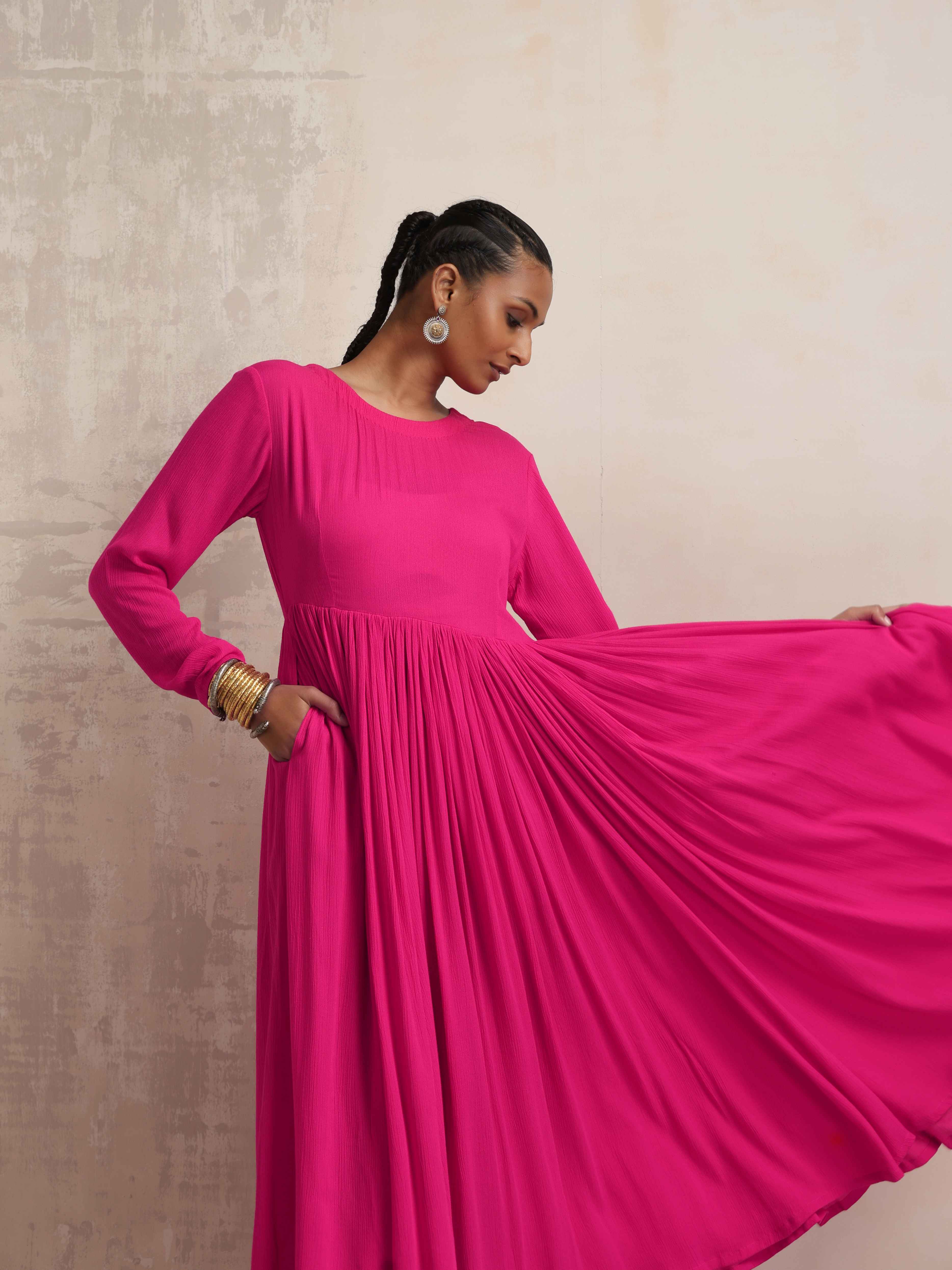 trueBrowns Pink Crinkle Anarkali Kurta Pant Dupatta Set - Distacart