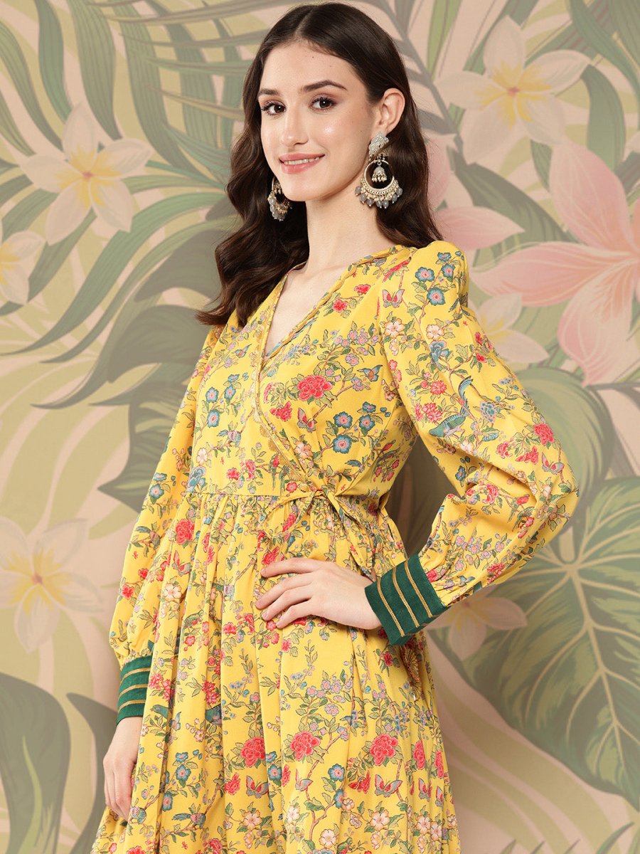 Ahalyaa Floral Printed Tie-Ups Crepe Empire Ethnic Dress - Distacart