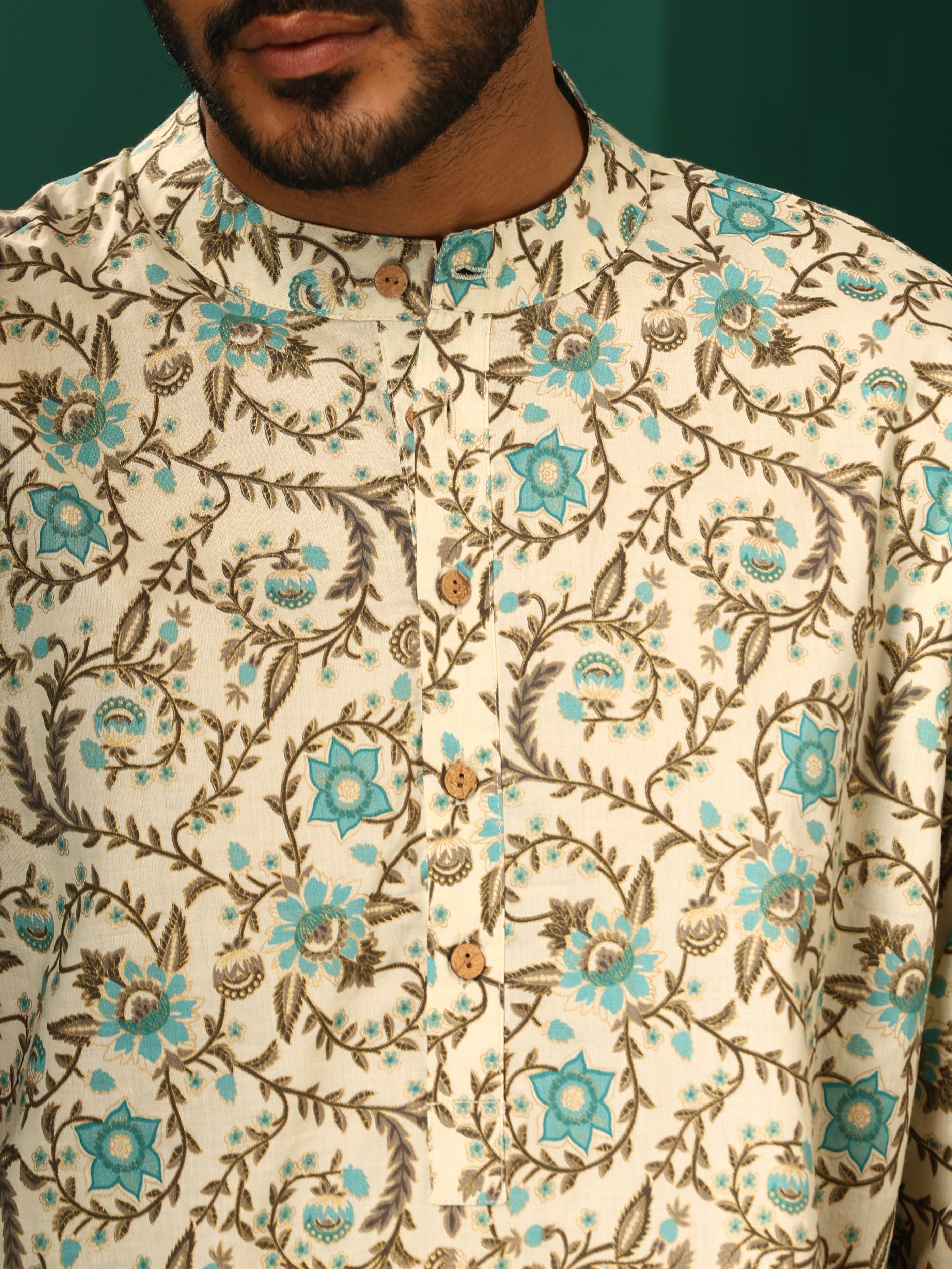 trueBrowns Men's Teal Floral Cotton Printed Co-ord Set - Distacart