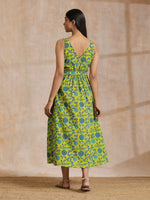 Thumbnail for trueBrowns Lime Green Overall Teal Floral Block Print Cotton Sleeveless Wrap Dress - Distacart