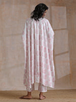 Thumbnail for trueBrowns Pink Big Buta On White Print Cotton Panel Kaftan Kurta Pant Set - Distacart
