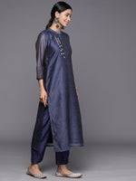 Thumbnail for Varanga Women Navy Blue Bandhani Printed Straight Kurta With Three Quarter Sleeves Paired With Tonal Bottom And Printed Dupatta