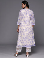 Thumbnail for Varanga Women Lavender Floral Printed V- Neck Three Quarter Sleeve Straight Kurta - Distacart