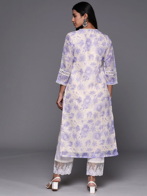 Varanga Women Lavender Floral Printed V- Neck Three Quarter Sleeve Straight Kurta - Distacart
