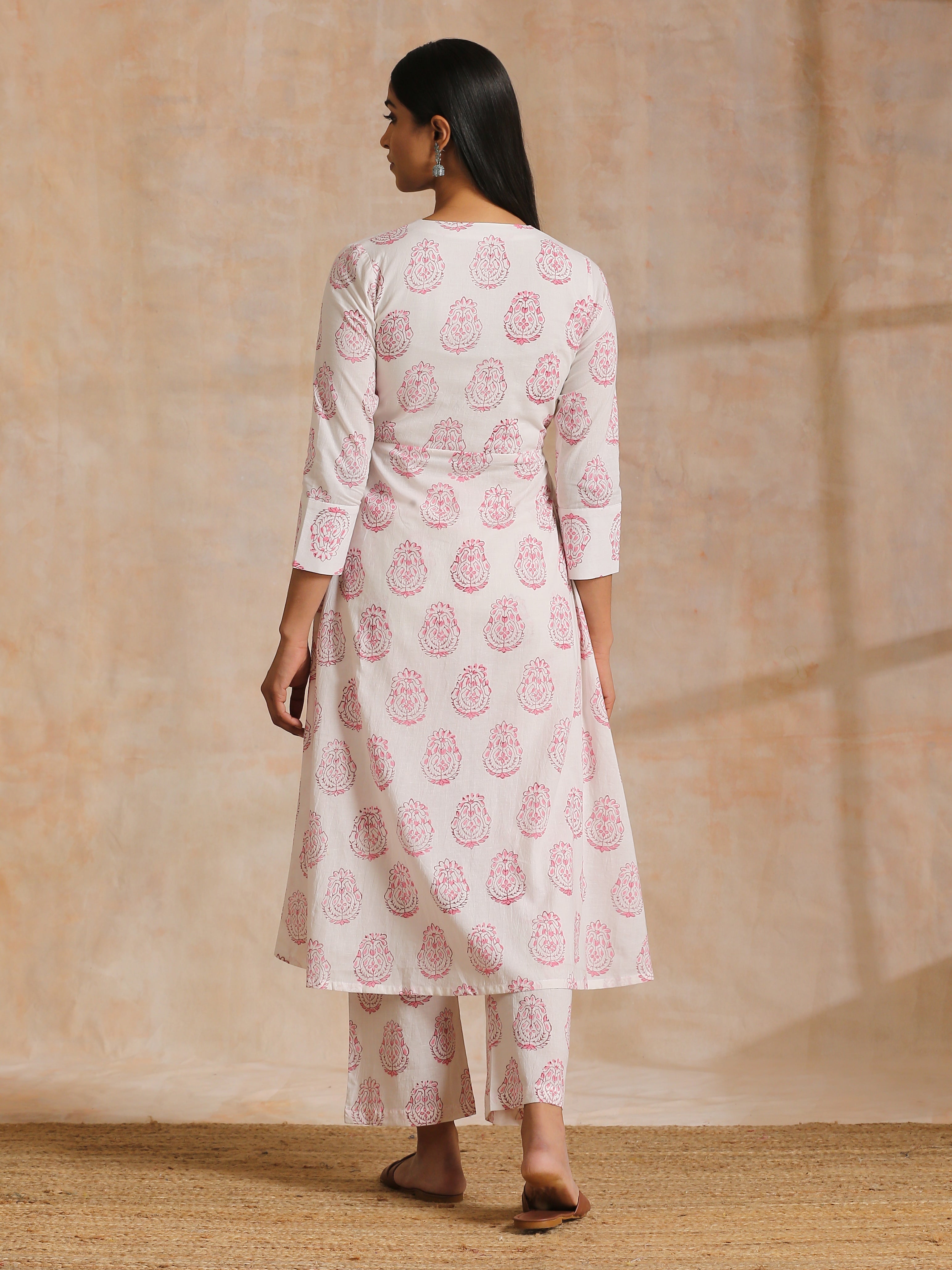 trueBrowns Pink Big Buta On White Print Cotton Angrakha Kurta Pant Set - Distacart