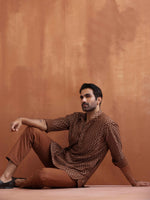 Thumbnail for trueBrowns Men's Brown Cotton Dobby Short Kurta