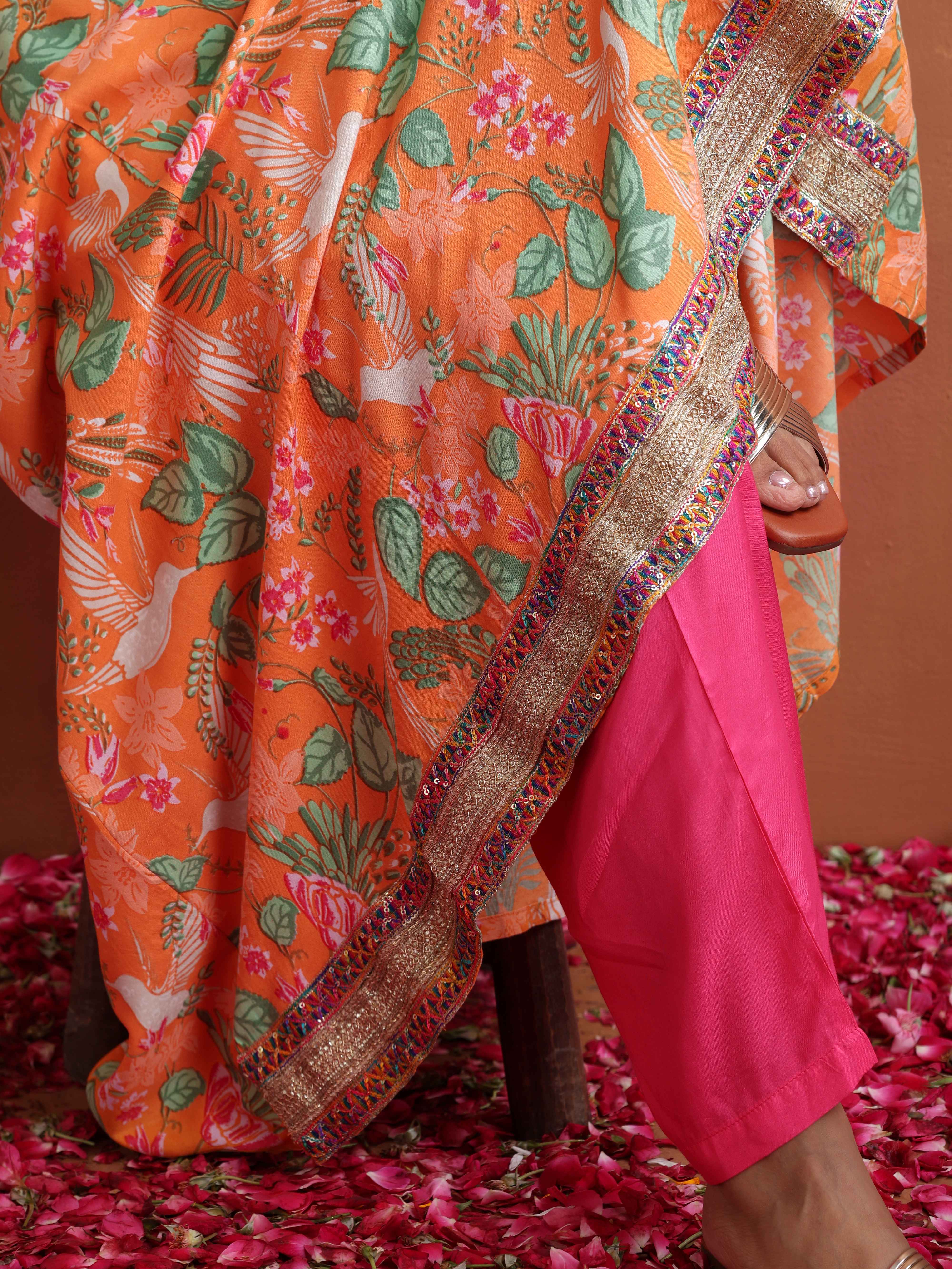 trueBrowns Orange Print Flared Anarkali Kurta Set - Distacart