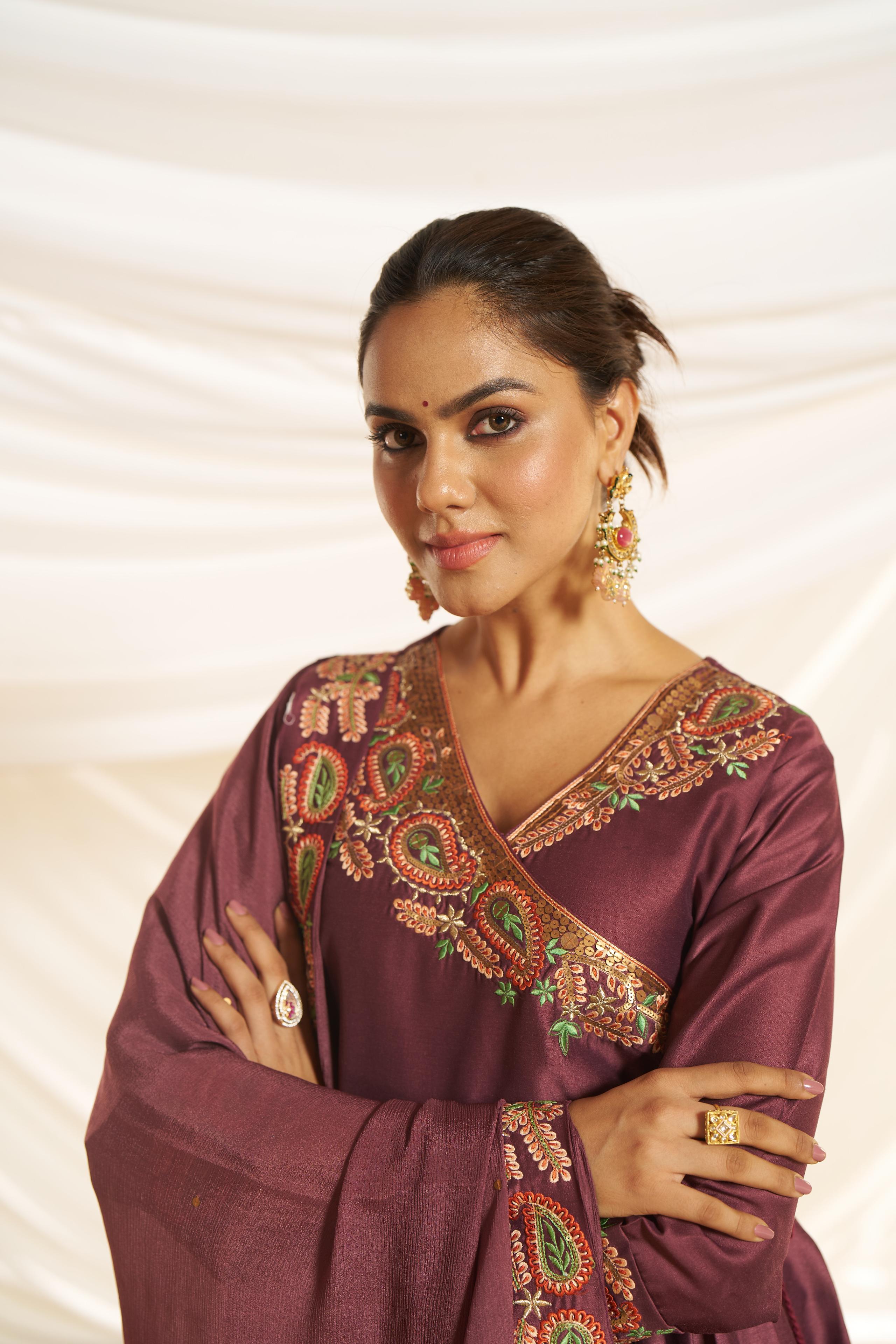 BulBul Women Wine Embroidered Premium Silk Angrakha Pattern Flare Suit With Dupatta