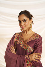 Thumbnail for BulBul Women Wine Embroidered Premium Silk Angrakha Pattern Flare Suit With Dupatta