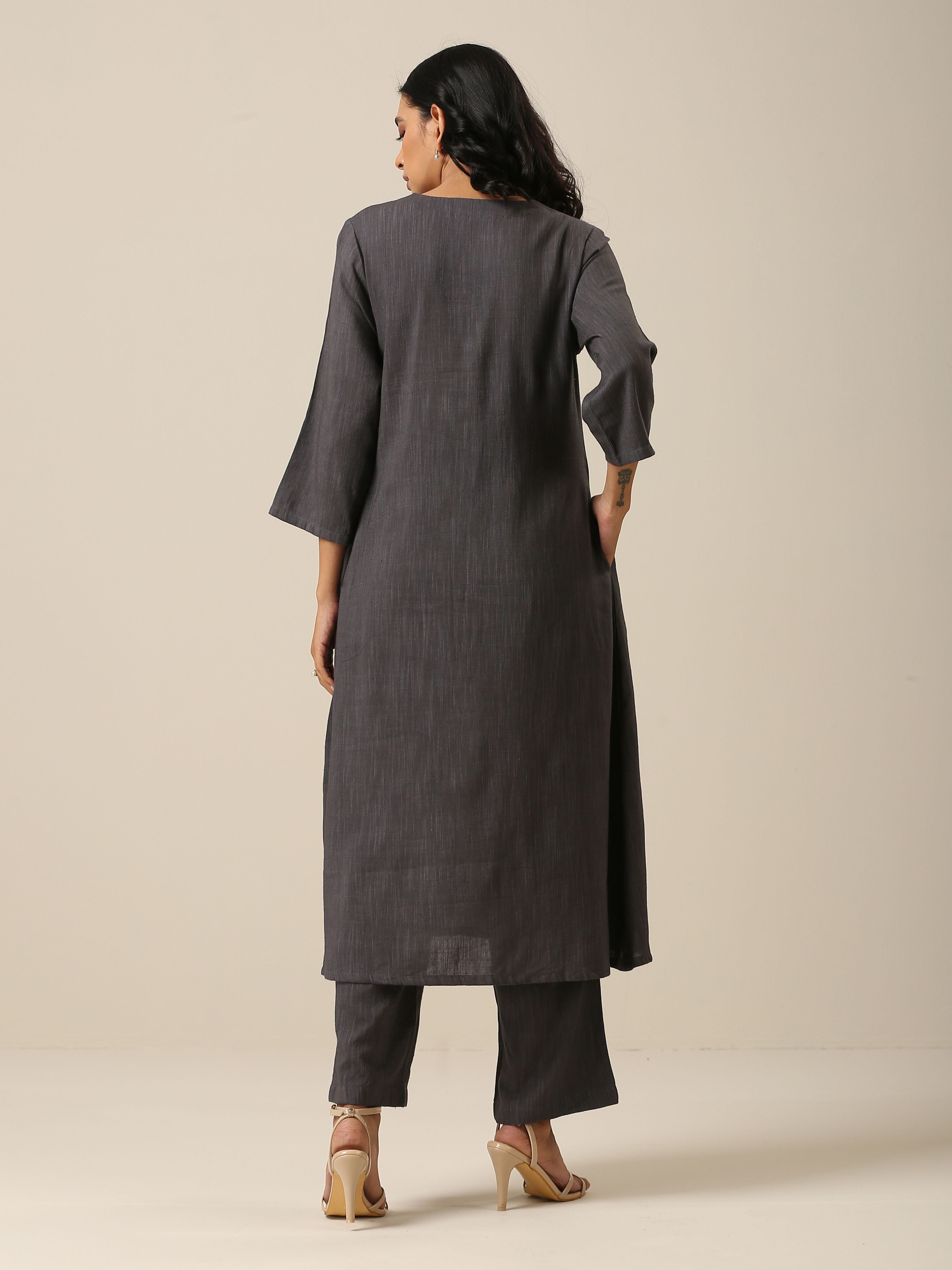 trueBrowns Slate Grey Slub Texture Overlap Pleat Kurta Pant Set | Relove