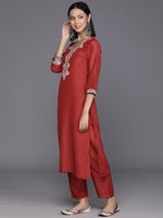 Thumbnail for Varanga Women Rust Zari Kurta With Solid Trouser And Dupatta Set - Distacart