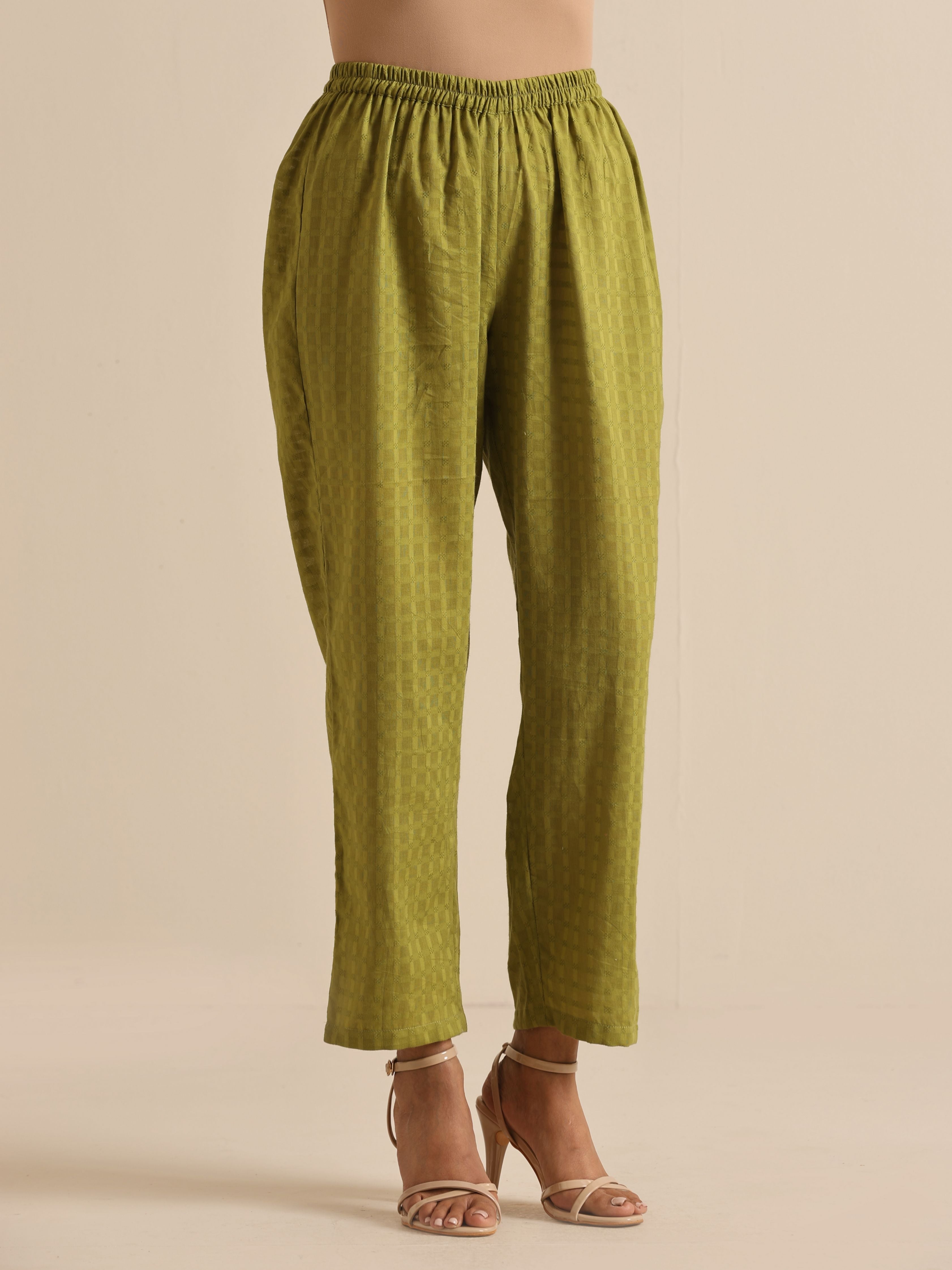 trueBrowns Fresh Green Dobby Puff Sleeve Kurta Pant Set - Distacart