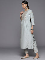 Thumbnail for Varanga Women Blue Mirror Work Yoke Embroidered Straight Kurta Paired With Tonal Bottom And Tonal Solid Dupatta With Four Side Fringes - Distacart