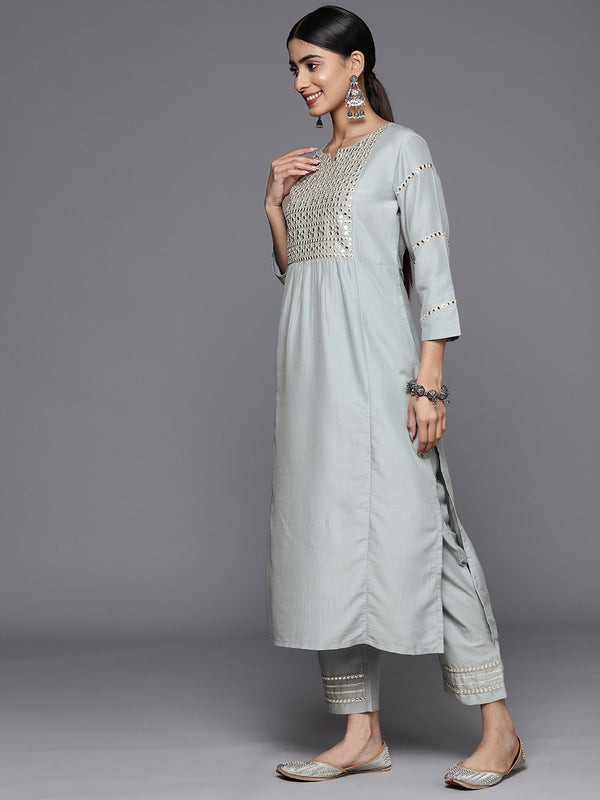 Varanga Women Blue Mirror Work Yoke Embroidered Straight Kurta Paired With Tonal Bottom And Tonal Solid Dupatta With Four Side Fringes - Distacart