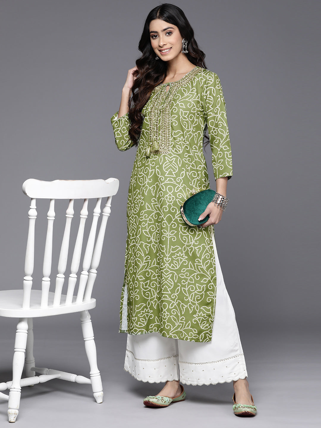 Varanga Women Olive Bhandhani Print Gota Yoke Embroidered Kurta With Round Neck And With Tassel Detailings - Distacart
