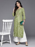 Thumbnail for Varanga Women Olive Bhandhani Print Gota Yoke Embroidered Kurta With Round Neck And With Tassel Detailings - Distacart