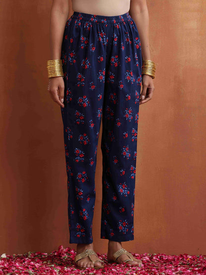 trueBrowns Blue Floral Print Flared Anarkali Kurta Co-ord Set - Distacart