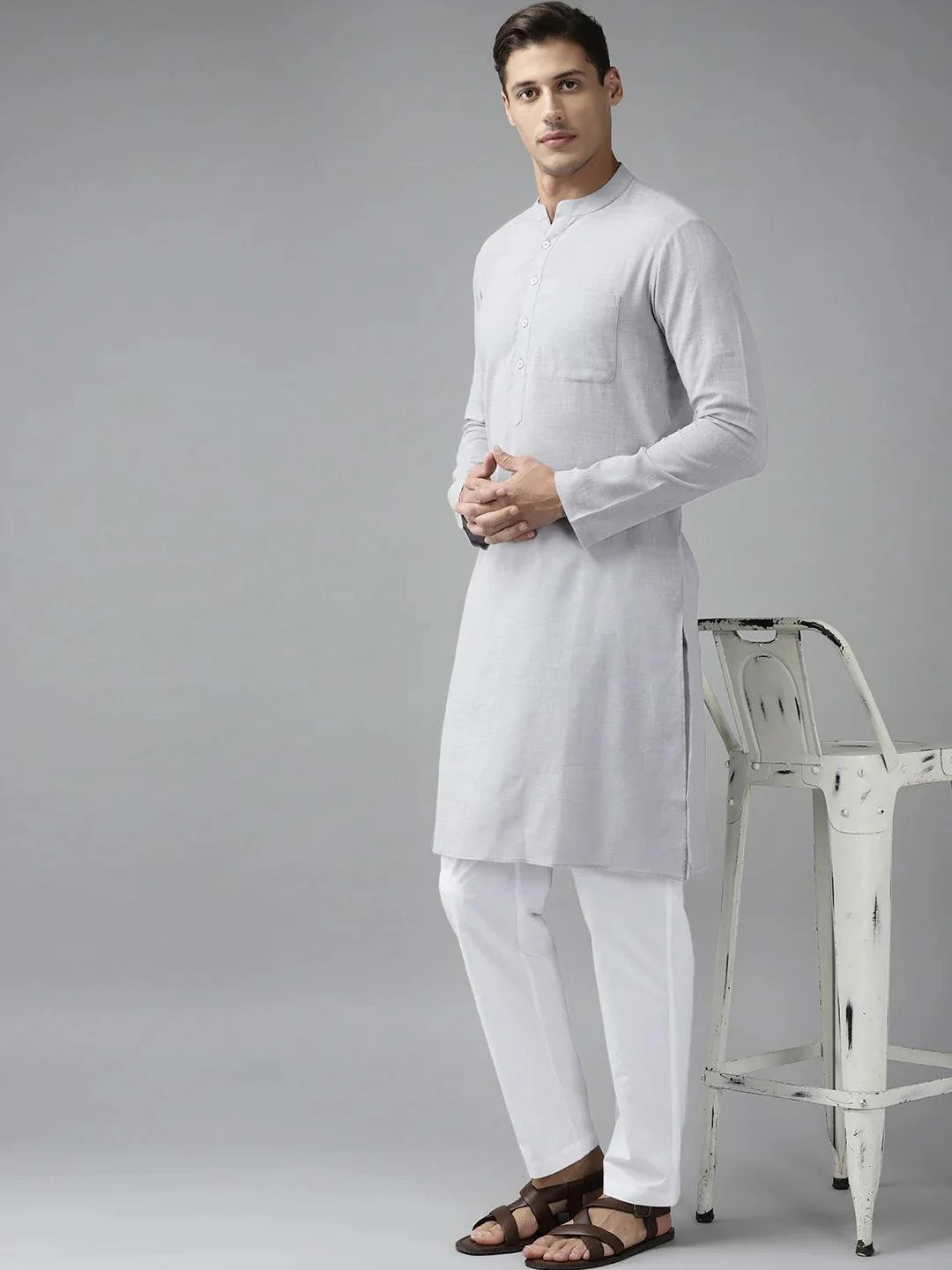 Fabmade Men Grey Cotton Linen Kurta Pyjama