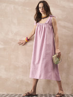 Thumbnail for InWeave Dull Pink Linen Round Pleat Bow Dress