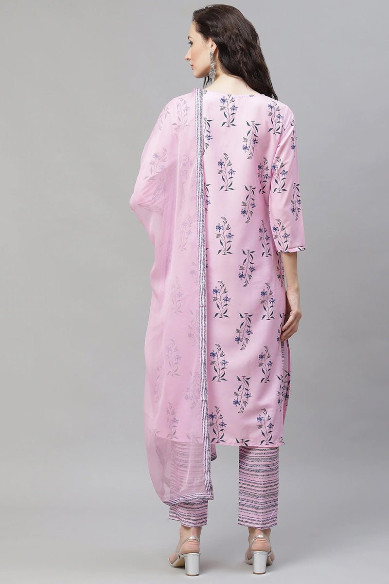 Ahika Pink Polyester Floral Print Straight Suit Set