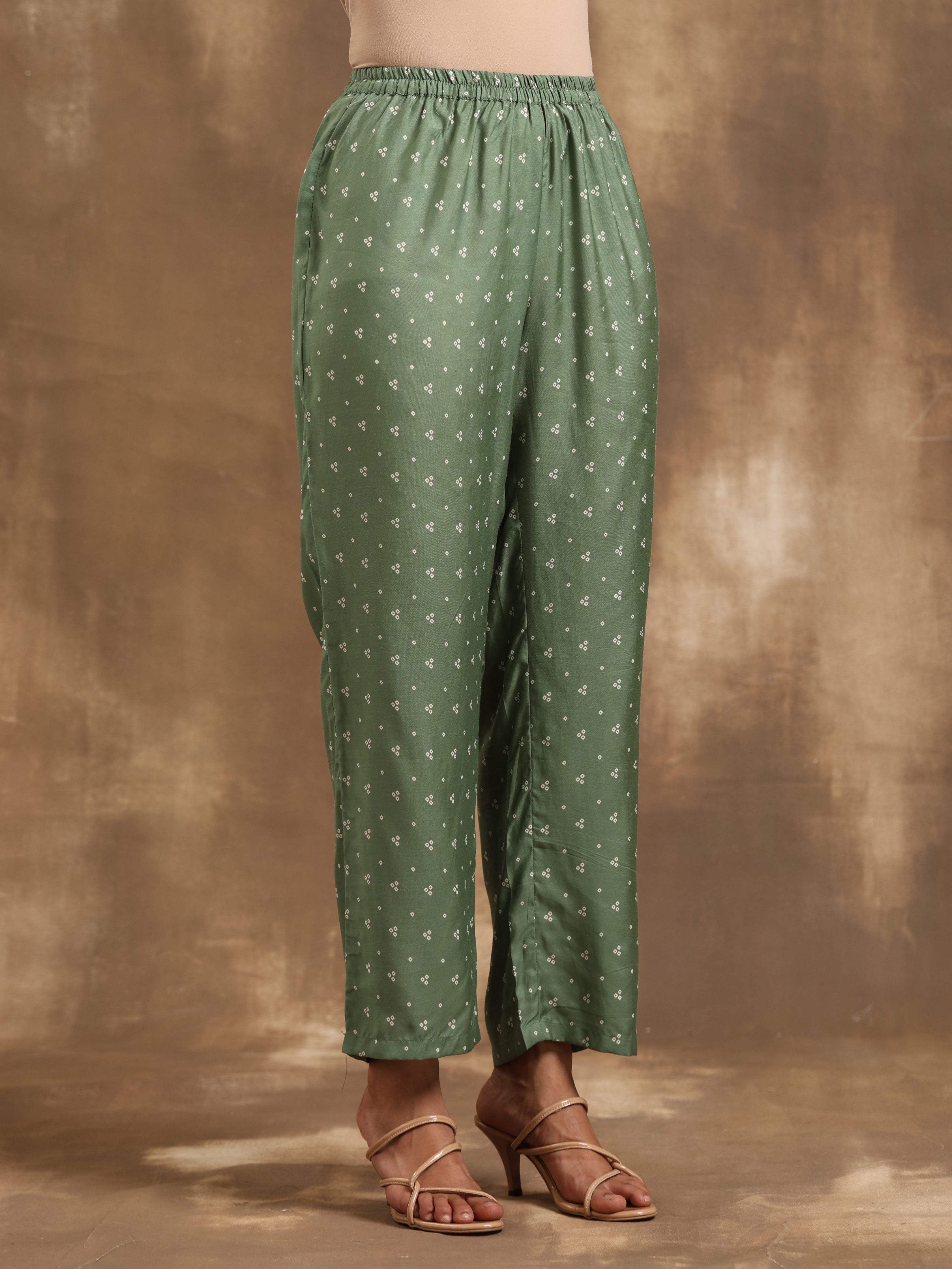 trueBrowns Light Green Bandhani Printed Silk Kurta Pant Set - Distacart