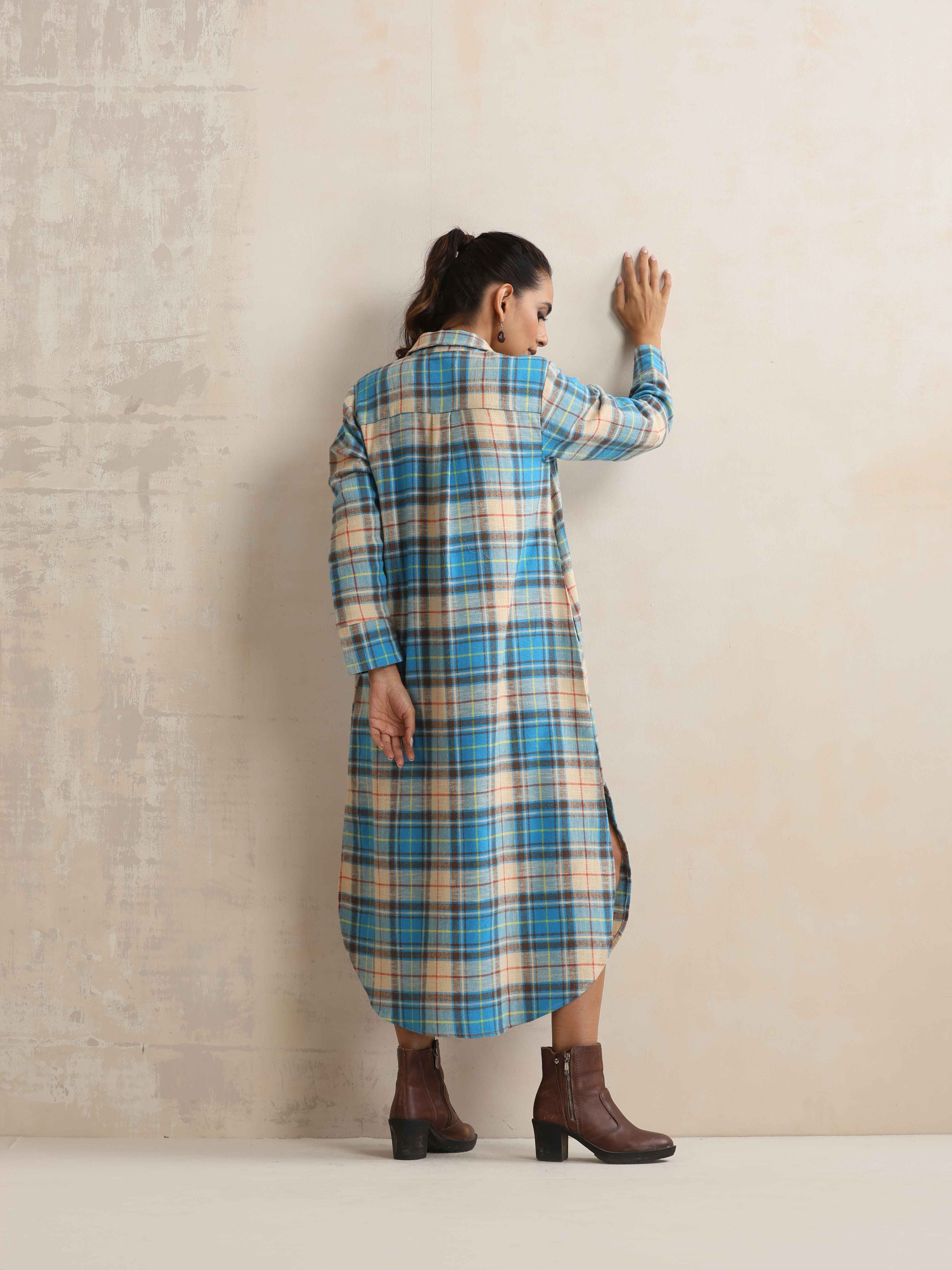 trueBrowns Beige Check Pleated Winter Dress - Distacart