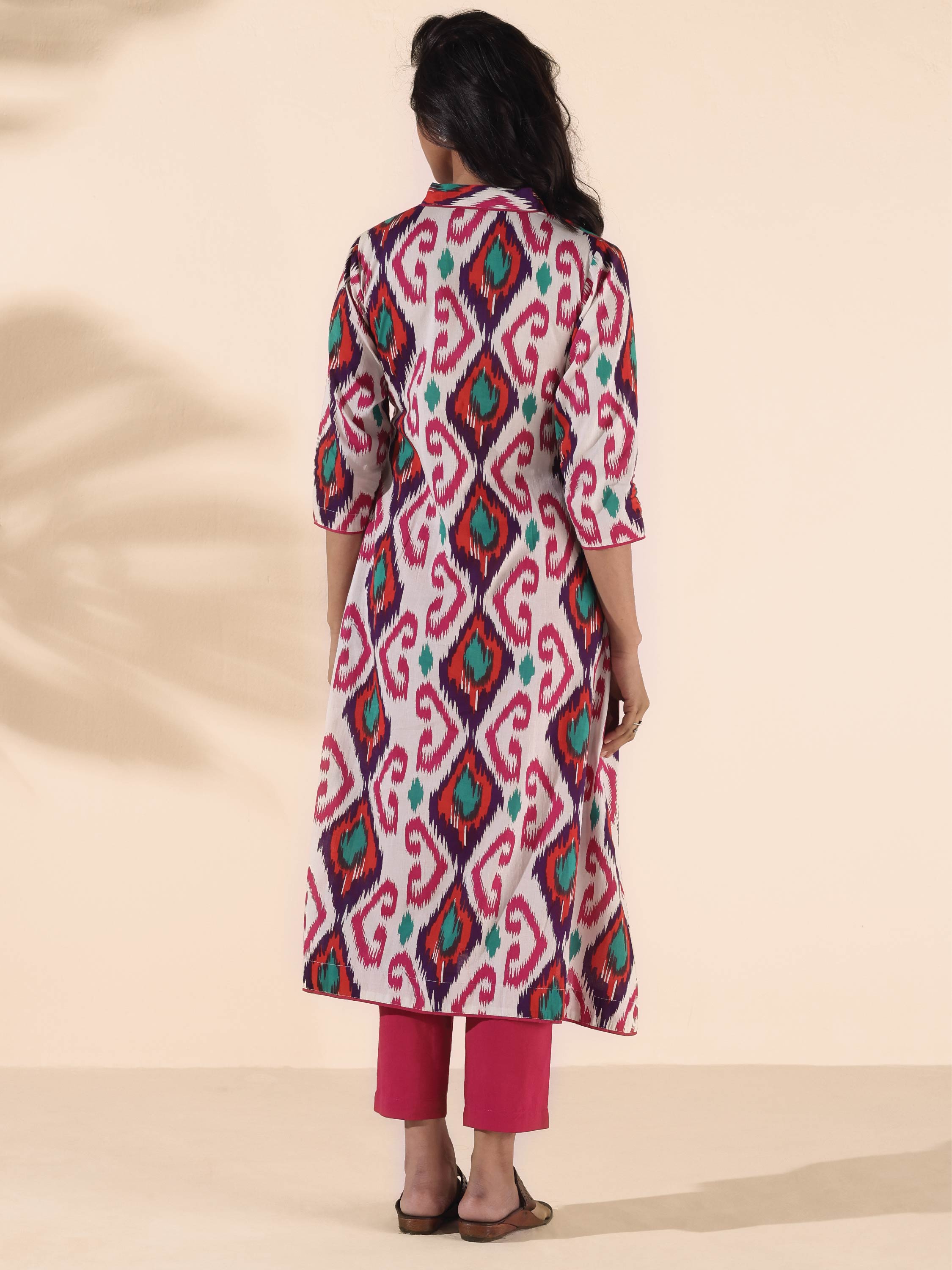 trueBrowns Pink Cotton Ikat Flared Kurta Pant Set - Distacart