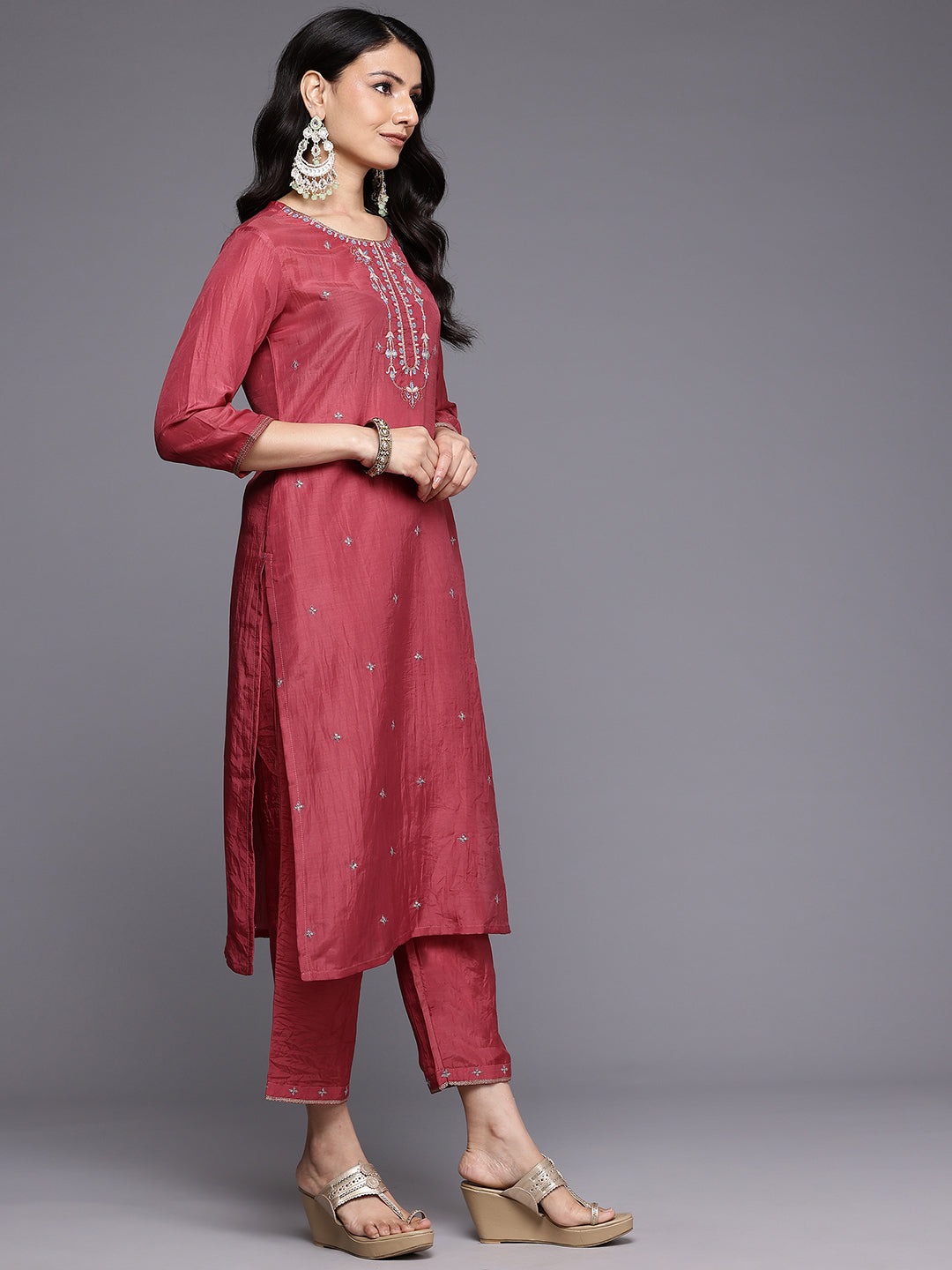 Varanga Women Maroon Thread And Zari Embroidered Sequins Embellished Kurta Set With Dupatta - Distacart