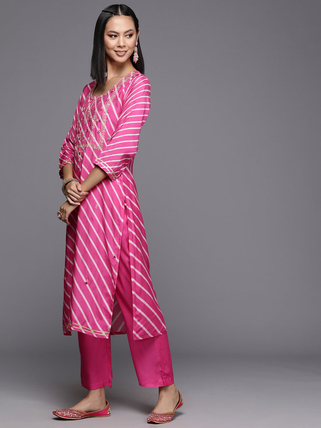 Varanga Women Pink Pure Fabric, Lehariya Embroidered Straight Kurta Paired With Tonal Bottom And Dupatta - Distacart
