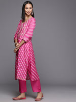 Thumbnail for Varanga Women Pink Pure Fabric, Lehariya Embroidered Straight Kurta Paired With Tonal Bottom And Dupatta - Distacart