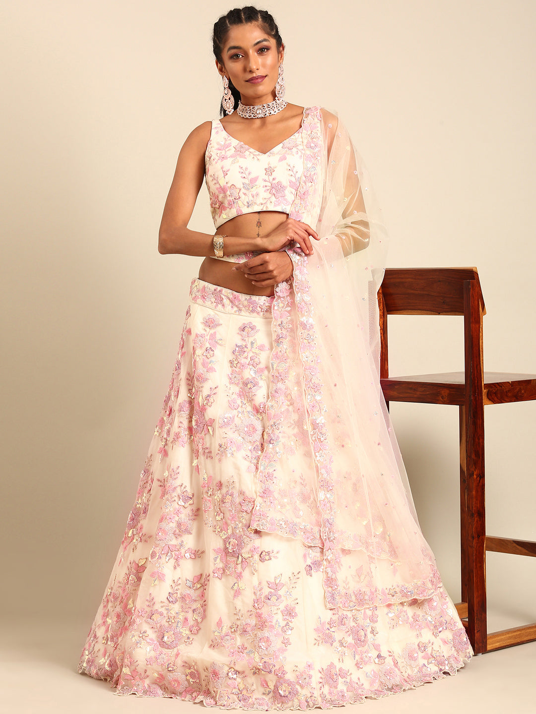 House of Panchhi Cream Net Sequins with heavy Zarkan embroidery Lehenga choli & Dupatta - Distacart