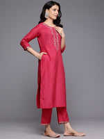 Thumbnail for Varanga Women Fuchsia Thread And Zari Embroidered Sequins Embellished Kurta Set With Dupatta - Distacart