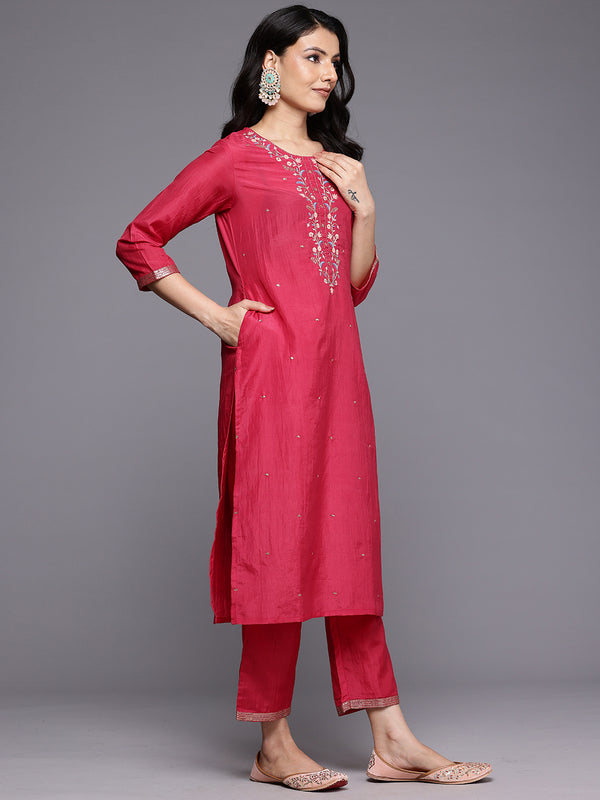 Varanga Women Fuchsia Thread And Zari Embroidered Sequins Embellished Kurta Set With Dupatta - Distacart